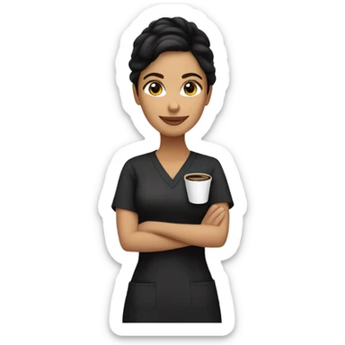Hispanic woman in black scrubs holding a coffee sticker