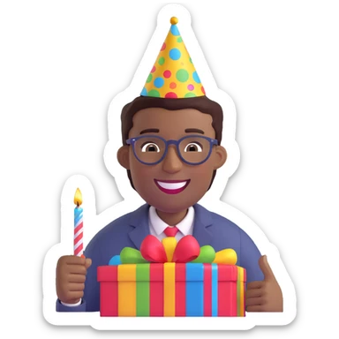 Create a 3D emoji style image of a slender African American man, smiling and celebrating a birthday. He is wearing a party hat and glasses in a festive atmosphere. Keep the glasses and party hat visible and prominent. sticker