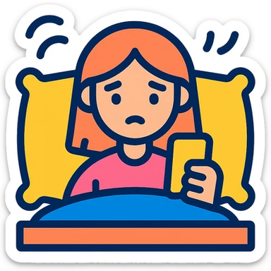 Girl lying in bed, wanting to sleep but not wanting to, staying up late playing with her phone sticker