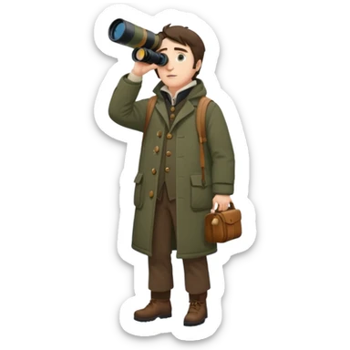 henry David thoreau full body looking up  birdwatching with binoculars in snow sticker