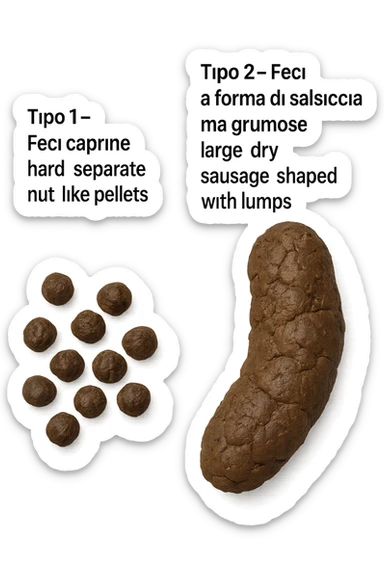 immagine di due tipi di feci iperrealistiche viste dall'alto con descrizione:
Tipo 1 – Feci caprine
Palline dure, separate, simili a noci

Tipo 2 – Feci a forma di salsiccia ma grumose
Massicce e disidratate.
 sticker