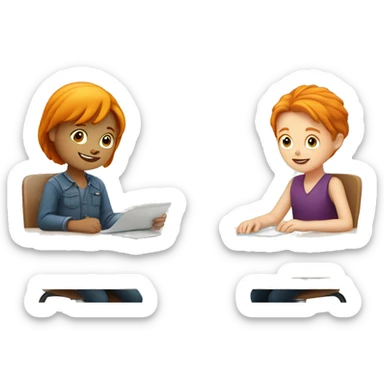 one ginger girl and one with boy,at table learning  sticker