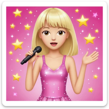 Pretty and thin tall Blonde pop star with bangs singing onstage, wearing a sparkly pink outfit   sticker