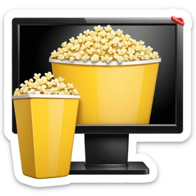modern flat screen TV with a popcorn bucket beside it, high definition, crisp edges sticker
