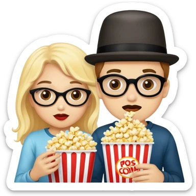 A girl and boy in disguises eating popcorn sticker