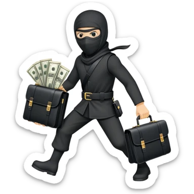 Masked ninja carrying a black briefcase overflowing with dollar bills sticker