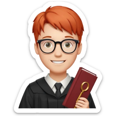 happy graduate, red-haired white boy with glasses, holding diploma sticker