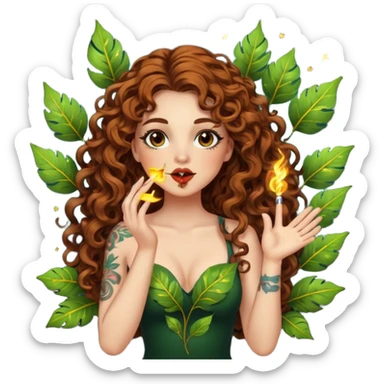 full body view of a woman with long curly brown hair, brown eyes, white skin, tattoos, blowing a glowing kiss made of leaves and sparks sticker