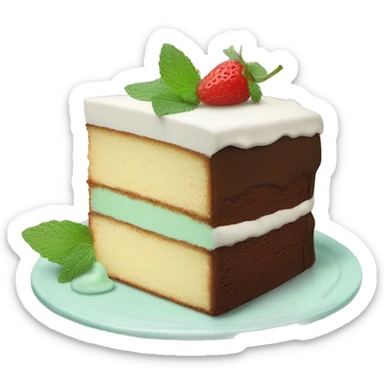 a piece of cake with a mint leaf on top sticker