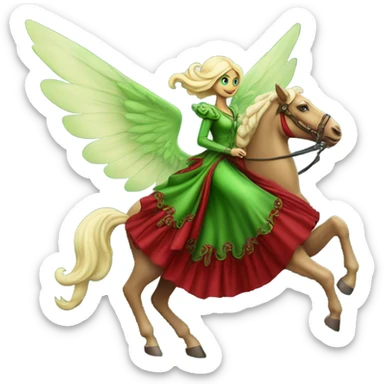 "galora green blonde alien woman" in red Victorian elegant dress, full body, rides winged horse
NO WOKE
 sticker