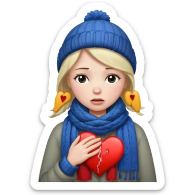 woman broken hearted, looking down sad, about to cry. holding her heart breaking, wearing a winter outfit sticker