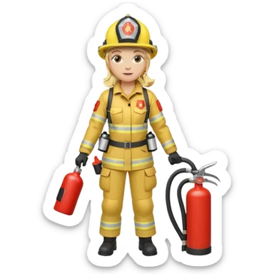 Firefighter with respiratory protection, blonde female, with fire extinguisher sticker