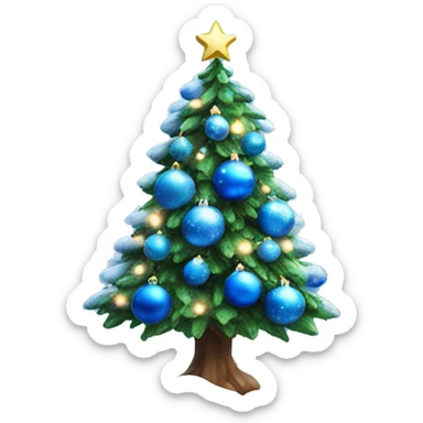 Christmas tree decorate with fake snow , lights and blue ornaments  sticker