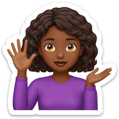 A dark-skinned girl with short, wavy hair raises her right hand 😜 and makes the same emoji movements sticker
