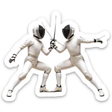 Two fencers in symmetrical stances, with crossed épées in front of them. Their forms are elegant and precise, showcasing the balance and strategy of fencing. The background features a blurred fencing piste, with subtle motion lines to emphasize the elegance and speed of the sport. sticker