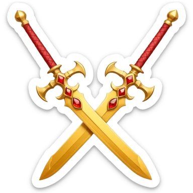 Two crossed swords that are golden in blade and handle and have fiery and royal appearence to them as well as red gem stones yellow in color sticker