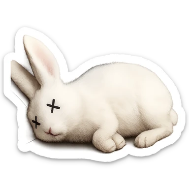 Make the rabbit appear dead, lying on its side with cartoon X's for eyes, no blood, keep the exact same photorealistic style and details, transparent background. sticker