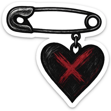 emo object, safety pin with a heart charm sticker