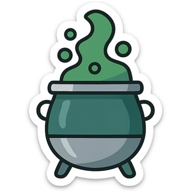 digital sticker of a cauldron with green smoke, Slytherin themed, semi-realistic vector art style, clean outlines, flat colors, slight shadows, for a sticker sheet sticker