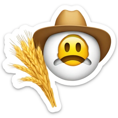 Yellow, round emoji, in a cowboy hat, smiling with a piece of wheat dangling from mouth sticker