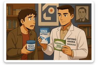 fai un webtoon manga a colori con questo stile, in cui un uomo ASCOLTA Il kinesiologo con il camice bianco (fagli anche la scritta "ANTONIO ANANIA" SUL CAMICE, IL KINESIOLOGO SPIEGA ALL'UOMO UNA MOSTRANDO VARI PRODOTTI DA SUPERMERCATO CONFEZIONATI (TIPO SCATOLA DI LATTE SENZA LATTOSIO, MOZZARELLA SENZA LATTOSIO), OGNI CONFEZIONE HA LA SCRITTA "SENZA LATTOSIO SULL'ETICHETTA. L'UOMO OSSERVA IL KINESIOLOGO CON ESPRESSIONE CONFUSA IN VOLTO. non fare i fumetti però, fai solo in modo che sembri stiano parlando sticker