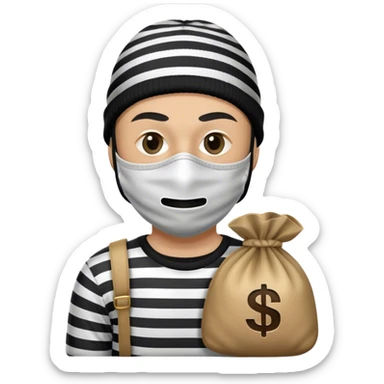 A robber, striped black and white shirt, with money bag , with mask , beanie  sticker
