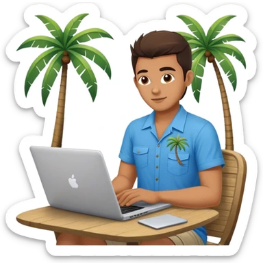 A digital nomad in bali working on a laptop wearing a tropical blue shirt with a palm tree on the side sticker