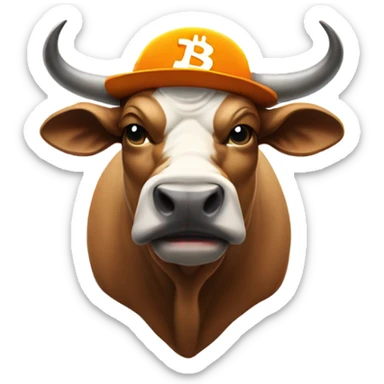 Bull ready to charge wearing bitcoin hat sticker