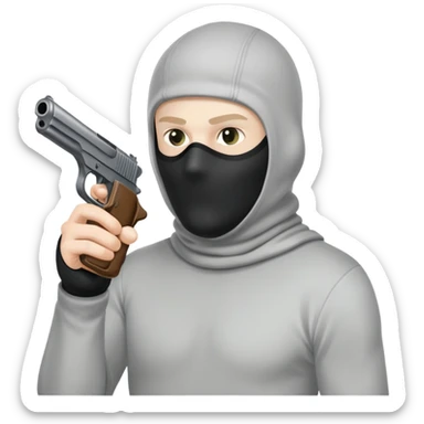guy in a balaclava shooting a pistol with bullet firing sticker