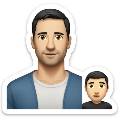 A head and shoulders shot of a 33 year old white man, with short black hair,   with brown eyes wearing a t-shirt. sticker