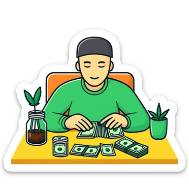Person in the table with marihuanna and Money with guns and hashish  sticker