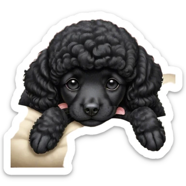 Meme-Worthy Cute Sleeping Black Poodle Portrait Emoji, Head resting peacefully with a contented smile, showcasing a delightfully elegant build and a luxuriously soft, curly jet-black Fur, eyes shut in a serene nap, Simplified yet hilariously adorable features, highly detailed, glowing with a soft, drowsy light, high shine, relaxed and utterly lovable, stylized with an air of playful laziness, bright and heartwarming, soft glowing outline, capturing the essence of a comically sleepy companion, so meme-worthy it feels like it could instantly become the next viral sensation of adorable slumber! sticker