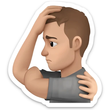 A man who is depressed with his left arm draped over the top of his head so the inside of his left elbow is on the very top of his head where hair grows from and his left hand is touching his right shoulder sticker