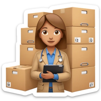 A person holding a clipboard with checklist marks next to stacked boxes, indicating stock or inventory management. sticker