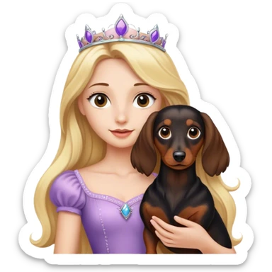 Blonde princess holding a Long haired black and brown dachshund  sticker