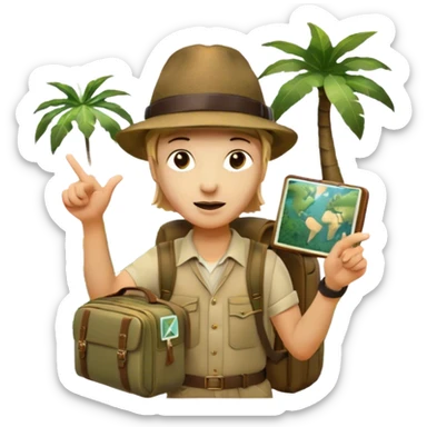 Icon for Travel Documentary: A vintage TV-style design with a traveler pointing backward, telling a story in the jungle. Include lush greenery, exotic animals, and a backpack. The traveler should be wearing a hat and holding a map. Retro, informative TV style. Transparent background. sticker