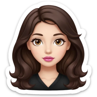 girl with wavy long glamorous dark brown hair, brown eyes, light to medium complexion, long lashes, almond shaped eyes, light pink lipstick, square shaped face sticker
