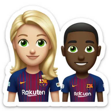 two blonde friends one has green eye in fc barcelona T-shirt with lamine yamal and hector fort sticker