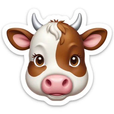 Cinematic Cute Brown and White Cow Portrait Emoji, Head tilted playfully and inquisitively, featuring a glossy, richly patterned hide of brown with striking white patches, round, sparkling brown eyes filled with gentle curiosity, Simplified yet irresistibly adorable features, highly detailed, glowing with a warm, friendly glow, high shine, affectionate and serene, stylized with a touch of country charm, bright and endearing, soft glowing outline, capturing the essence of a mischievous yet loving cow, so playful it feels like it could moo out of the screen and into your arms! sticker