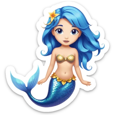 Cinematic Realistic Blue Hair Mermaid Portrait, depicted with lifelike, sun-kissed tanned skin that exudes a warm, radiant glow under gentle underwater lighting. Her intricately detailed, flowing blue hair cascades like a waterfall of ocean hues, framing deep, mesmerizing eyes that capture the vibrant spirit of the sea. Adorned with a shimmering tail and delicate tropical accents, the portrait features an enchanting underwater glow that blends realism with mythic coastal allure. sticker
