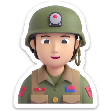 Korean soldier with camouflage helmet and friendly expression, 3D emoji style sticker