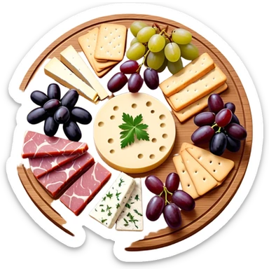 Delicious charcuterie board with assorted cheeses, meats, crackers, grapes, and olives arranged beautifully on a wooden board sticker