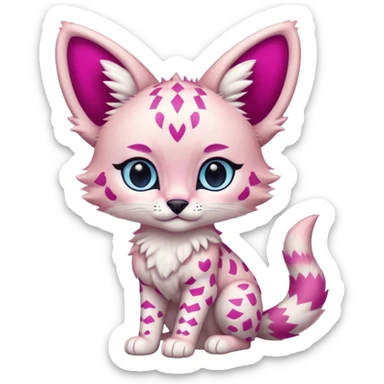 Whitish pastel-rosy-pink chibi cute elegant furry kawaii Serval, with magenta intricate chevron markings, and with big blue eyes,  sticker