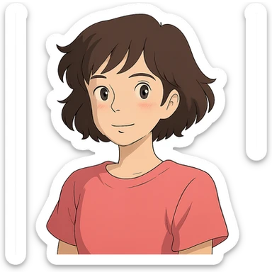 ghibli style young brunette woman with short wavy hair to shoulders, wearing a pink t-shirt sticker