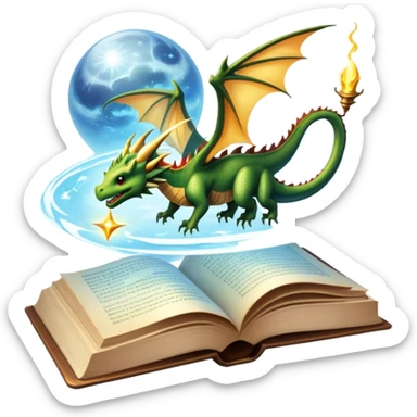 Icon for Fantasy and Sci-Fi Reading: an open book with magical creatures like dragons and fairies flying out, with a futuristic spaceship in the sky and a wizard casting spells. The icon should represent the magic and adventure of fantasy and science fiction worlds. Transparent background. sticker