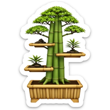 Three tiered bonsai planters stand, shelving holding six specimens,made of inch thick bamboo  sticker