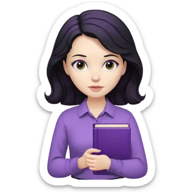 Long Hair Women with Black wavy hair, with purple Book, beige shir, without background sticker