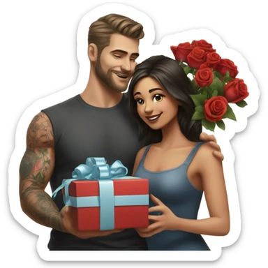 Hyper Realistic beautiful woman receiving a gift and a bouquet of roses from a handsome tattooed man  sticker