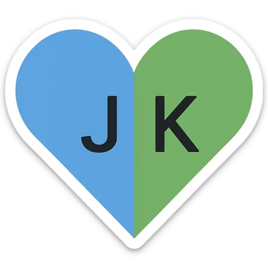 In the blue and green heart, place the letter J on the blue part and the letter K on the green part, maintaining a minimalistic style with a transparent background. sticker