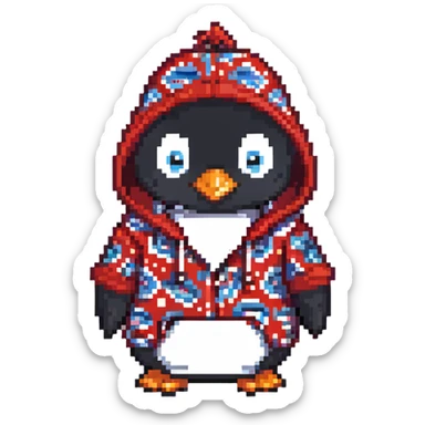 penguin wearing a red paisley pattern hoodie sticker